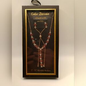 Cubic Zirconia Gold Toned Necklace with Red Accents